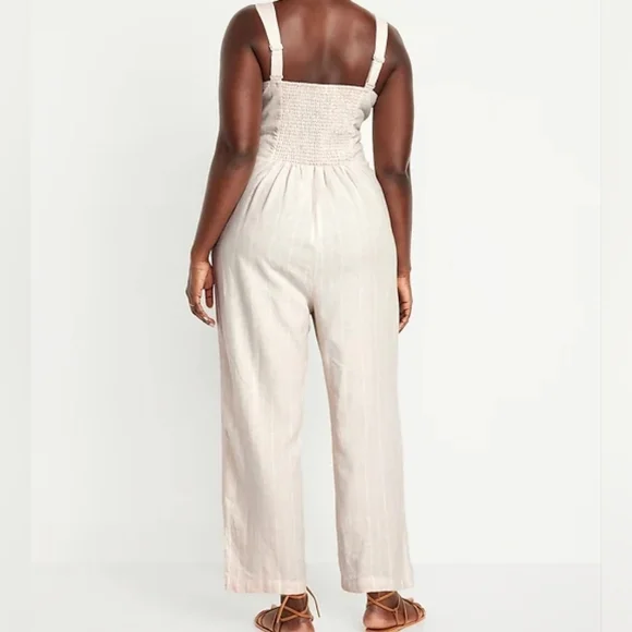 NWT Old Navy Button-Front Linen Stripe Smocked Cami Wide Leg Jumpsuit Women XXL - Picture 2 of 7